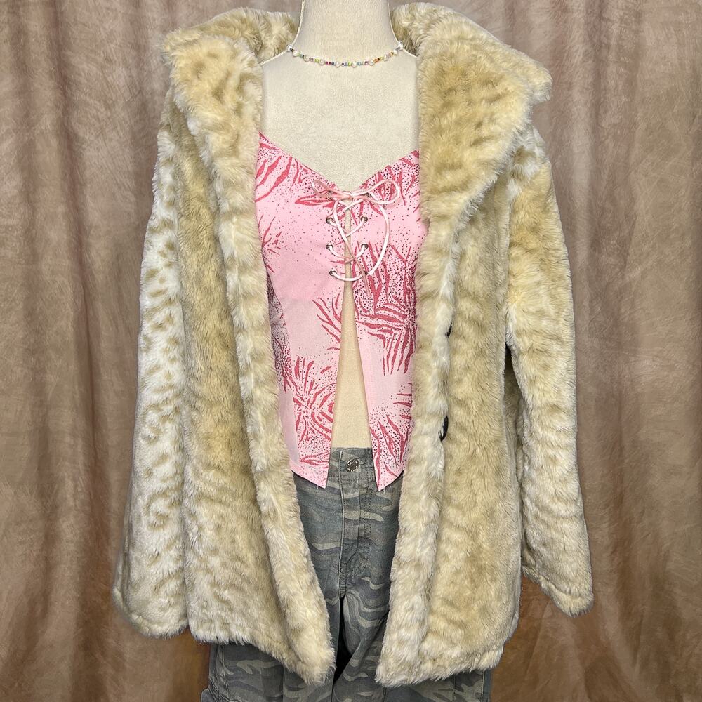 Vintage 90s Leopard Animal Print Faux Fur Coat Fluffy Indie Mcbling Mobwife Euro - Picture 2 of 11